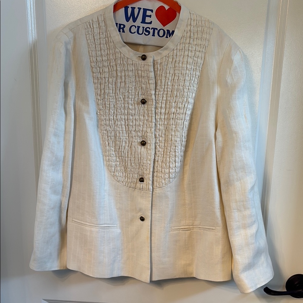 Cream Tailored Blazer with Textured Front and Stand-Up Collar